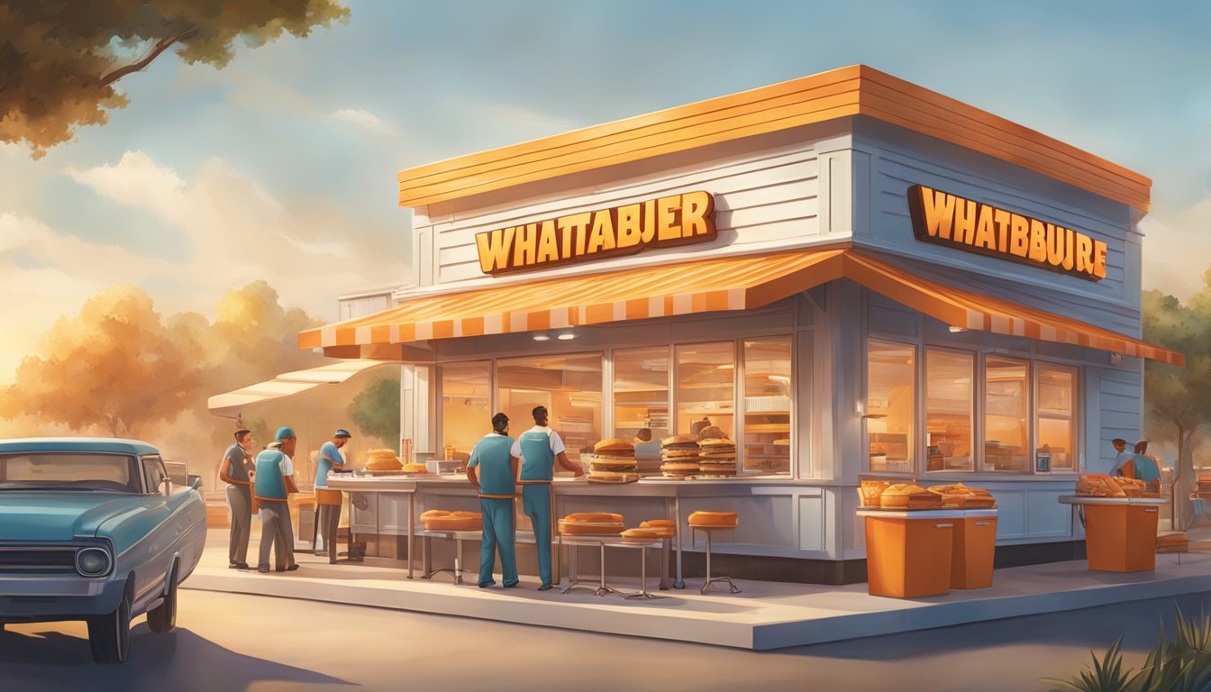 A bustling Whataburger kitchen with sizzling grills and busy cooks crafting animal-style burgers with a signature blend of savory toppings and secret sauce