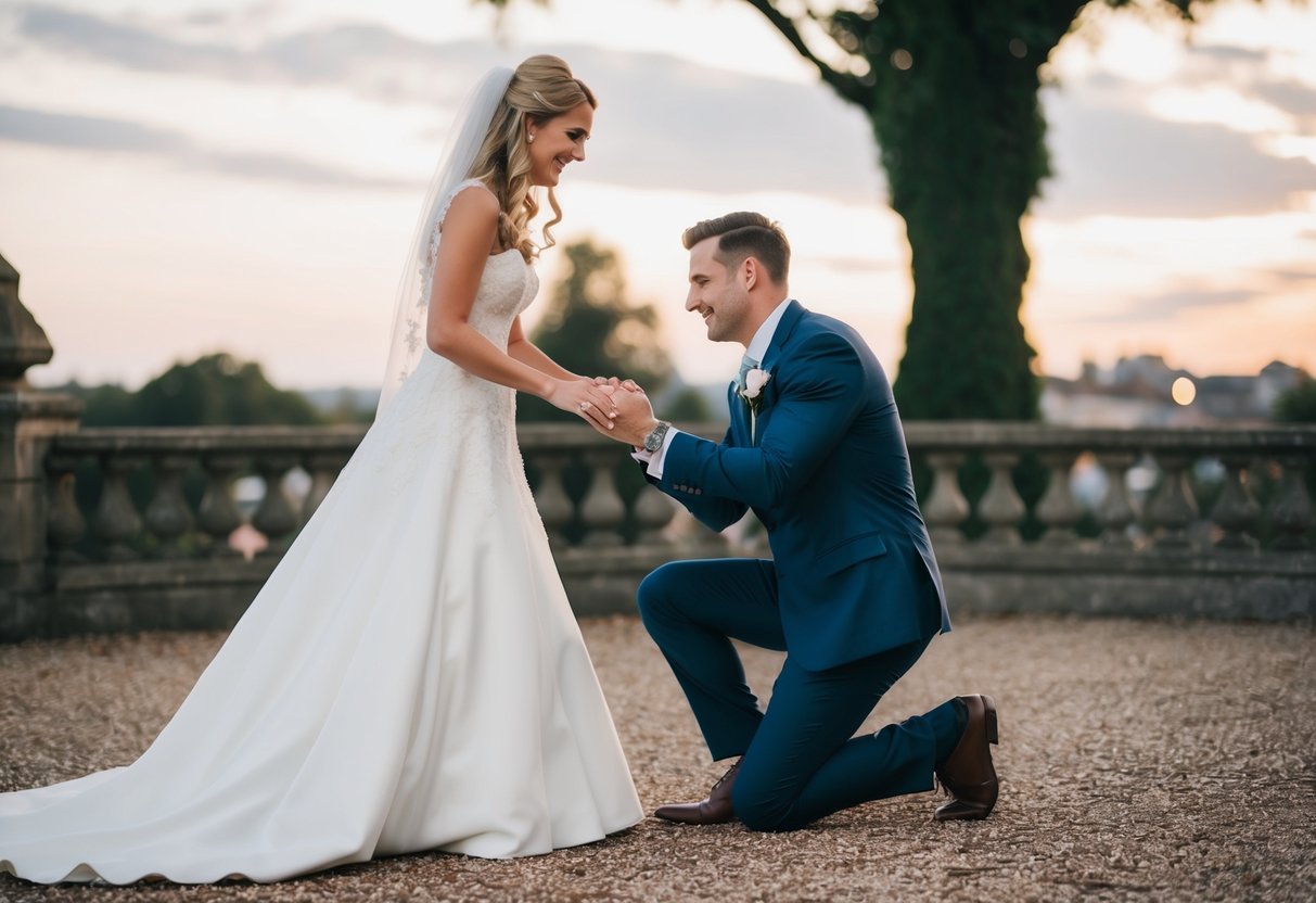 The groom kneels and reaches under the bride's dress, holding her hand