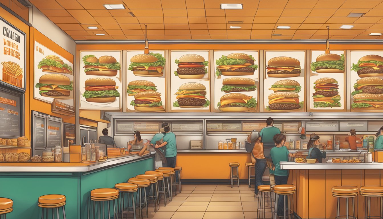 A crowded Whataburger menu board with animal-style burger illustrations