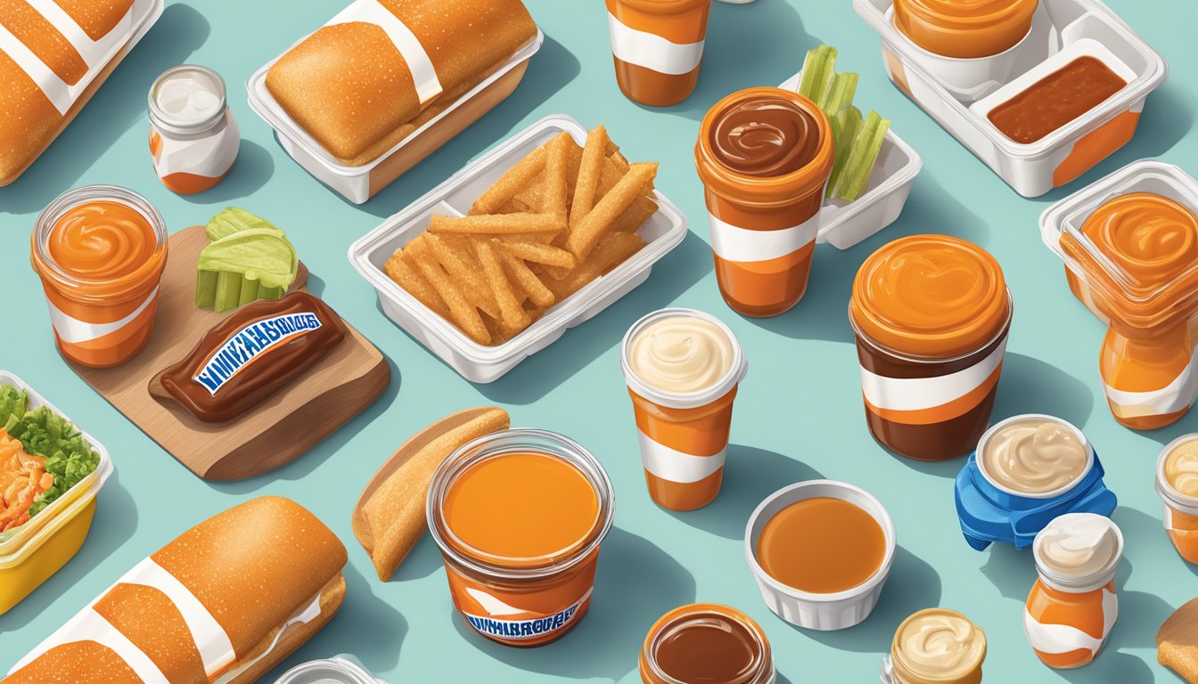 A variety of Whataburger sauces arranged next to side items