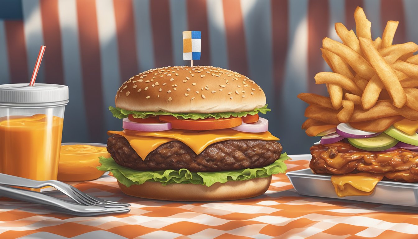 A mouthwatering Whataburger and animal style burger side by side on a checkered picnic table, with condiments and toppings oozing out