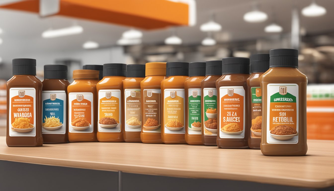 A variety of Whataburger sauces arranged neatly on a table with their corresponding nutritional information labels displayed next to each one