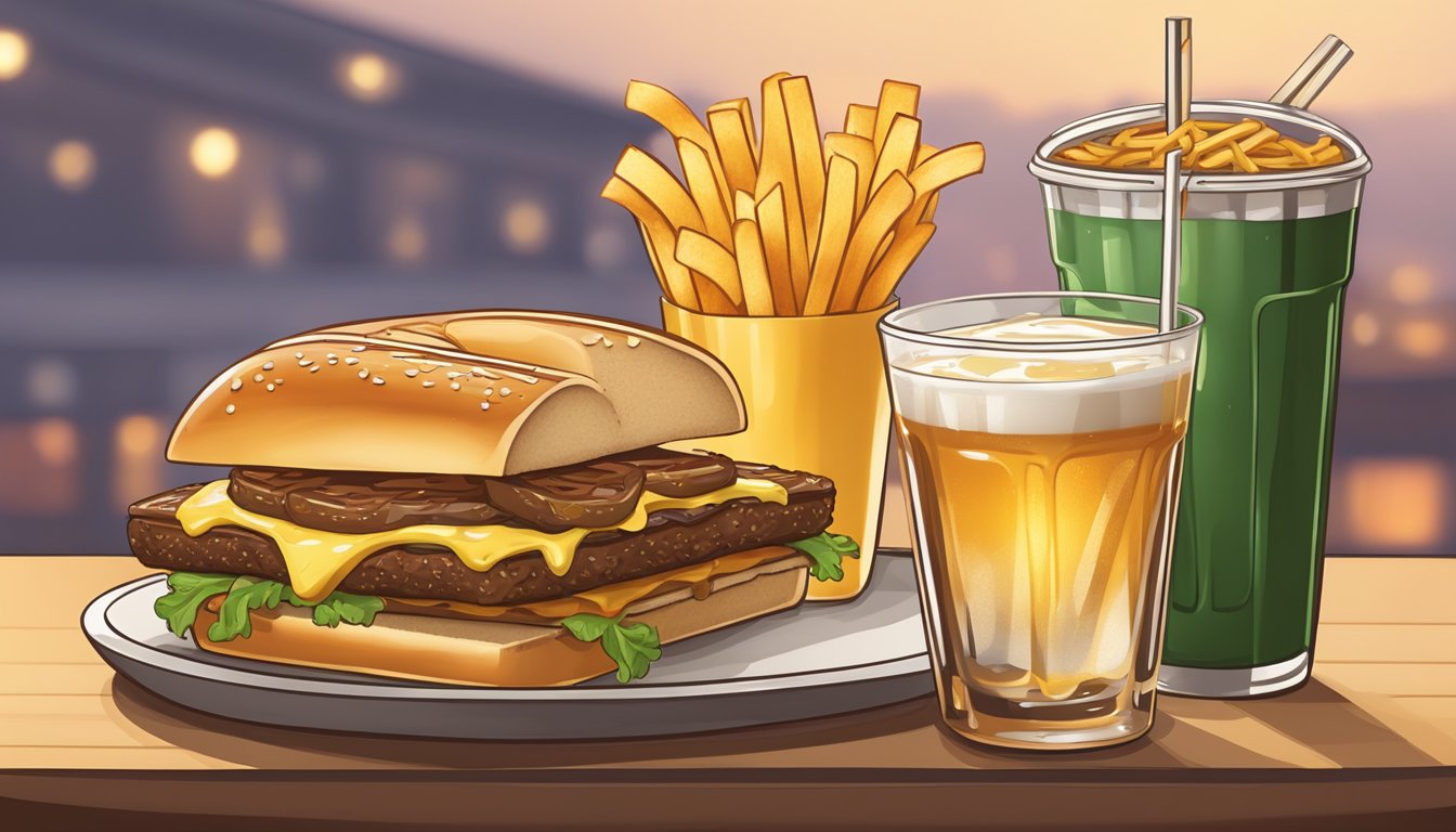 A juicy patty melt with melted cheese, grilled onions, and toasted bread, alongside a side of crispy fries and a refreshing drink