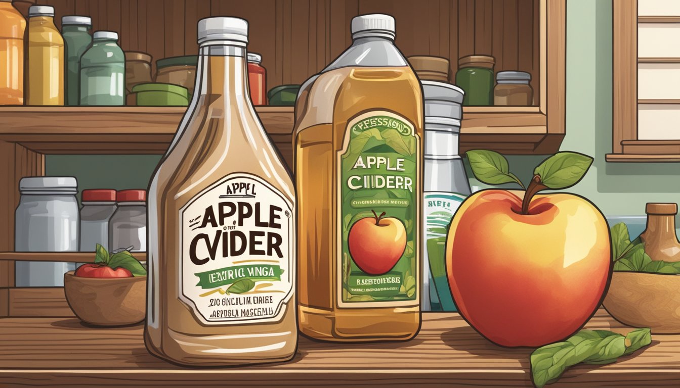 A bottle of apple cider vinegar sits on a kitchen shelf, surrounded by other pantry items. The label shows the expiration date