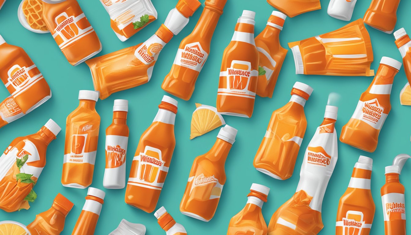 A table with various WhatABurger sauce bottles arranged in a neat row, surrounded by vibrant and eye-catching packaging designs