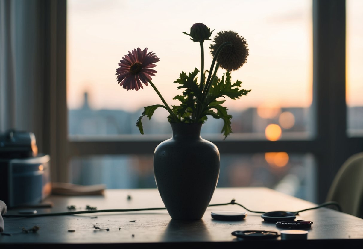 A wilted flower in a neglected vase on a cluttered table