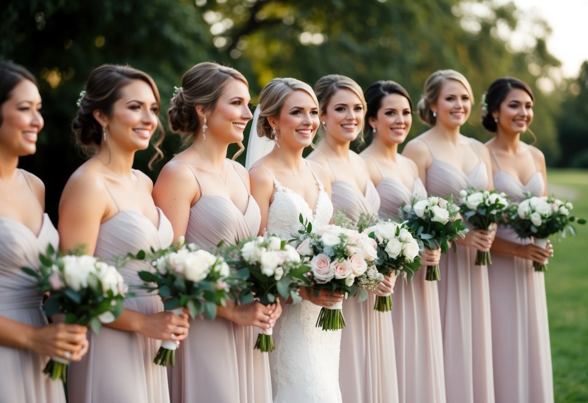 A group of bridesmaids standing in a line, holding bouquets and wearing matching dresses, smiling and looking towards the camera