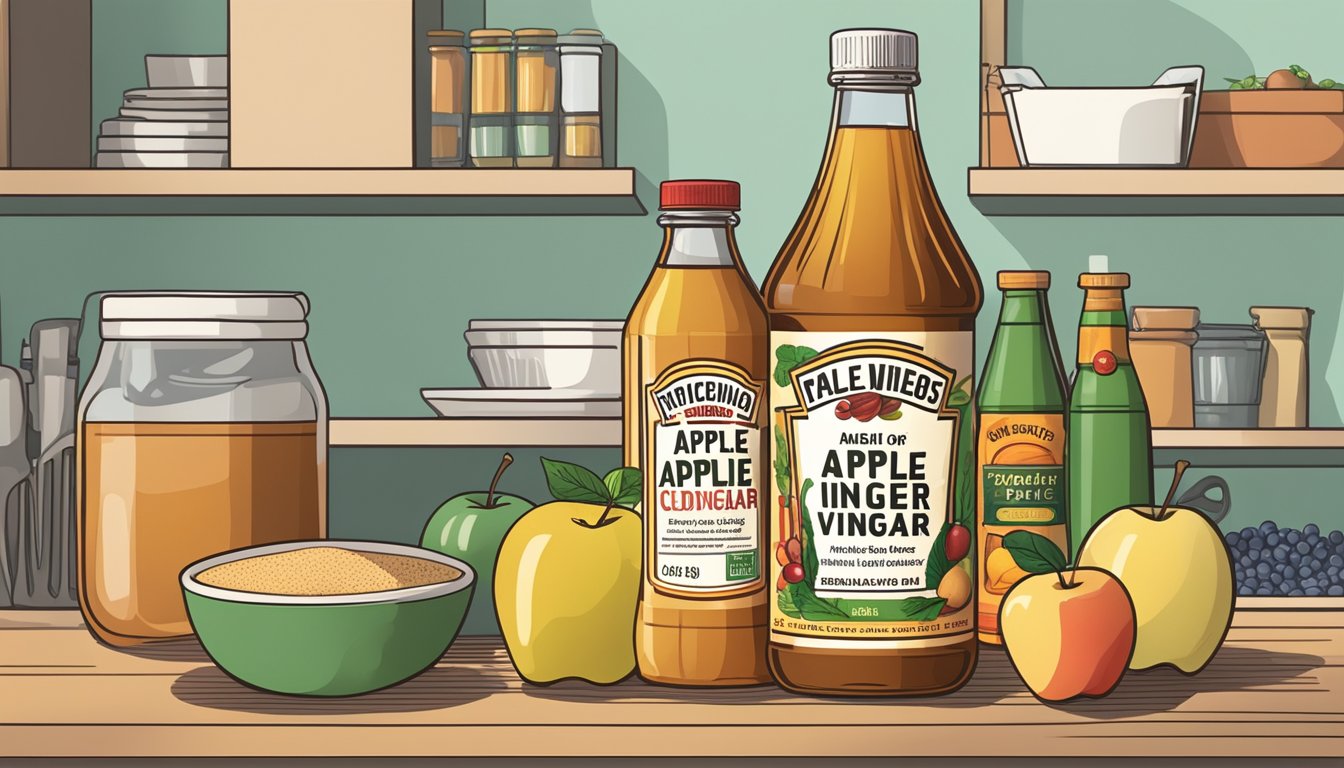 A bottle of apple cider vinegar sits on a kitchen shelf, surrounded by various food items. The label indicates the expiration date