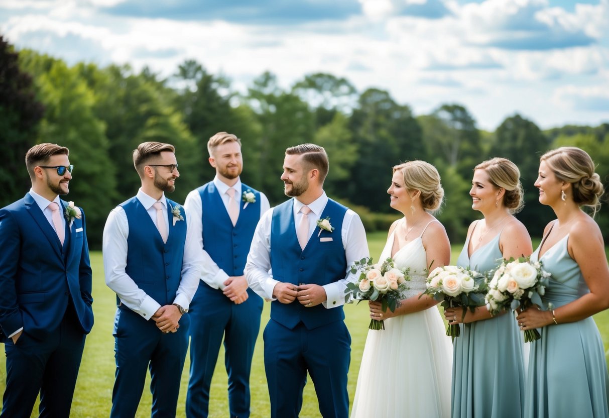 A group of groomsmen and bridesmaids stand in a line, coordinating their outfits and discussing the overall wedding size