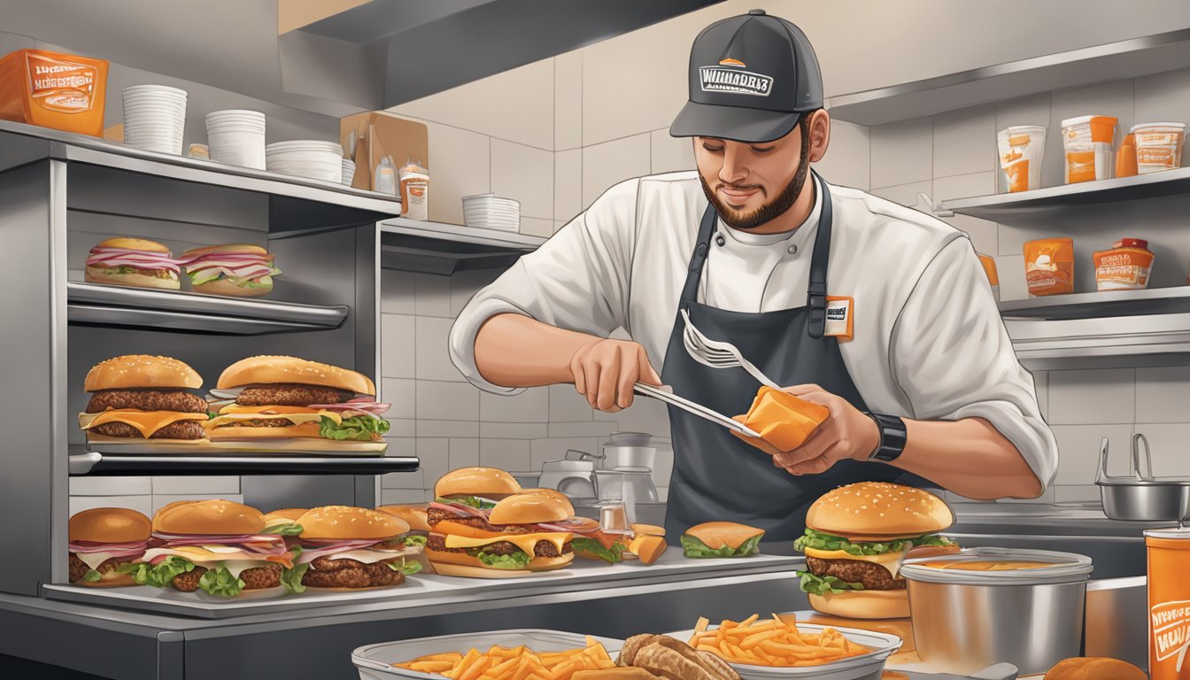 A Whataburger employee preparing a custom "animal style" order in the kitchen, adding special toppings and sauces to the burger