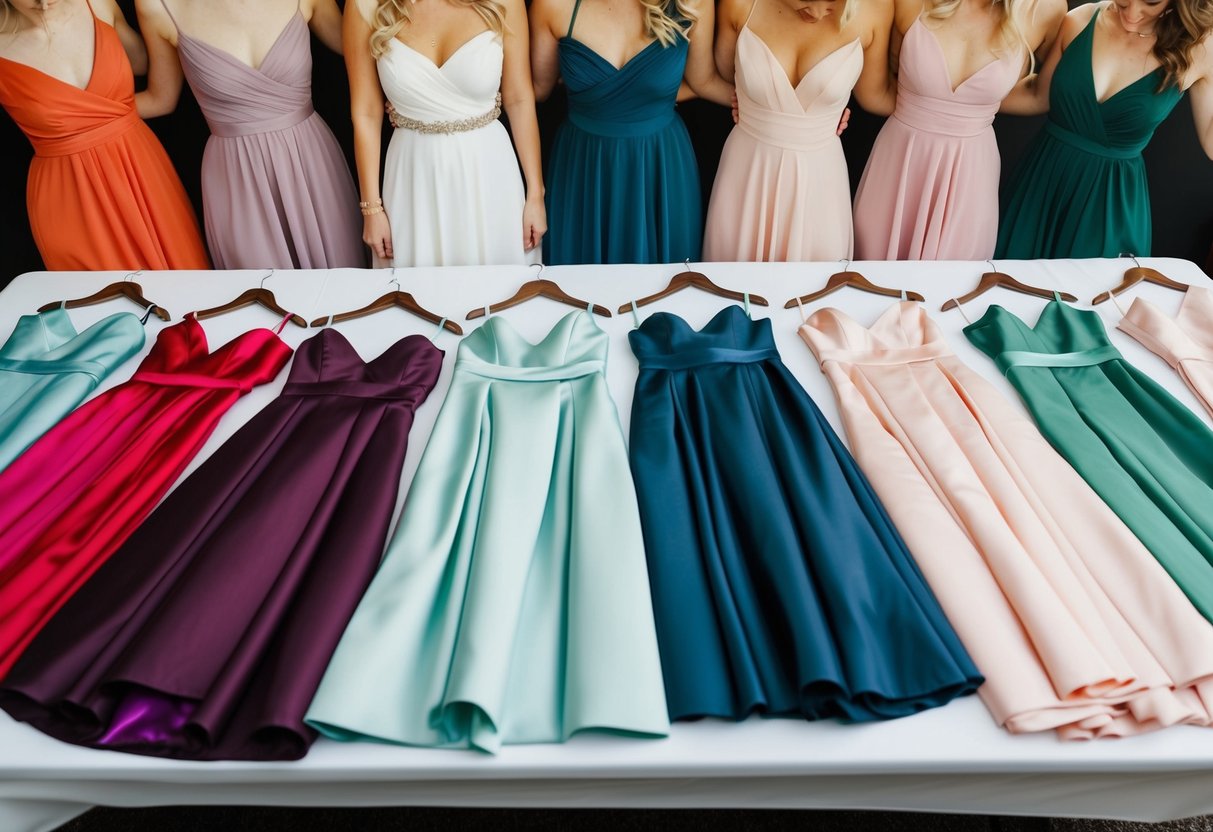 A group of bridesmaid dress options spread out on a table, with different colors, styles, and lengths to choose from