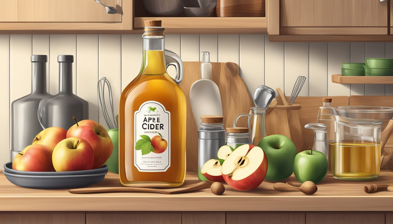 A glass bottle of apple cider vinegar sits on a kitchen shelf, surrounded by various cooking ingredients and utensils