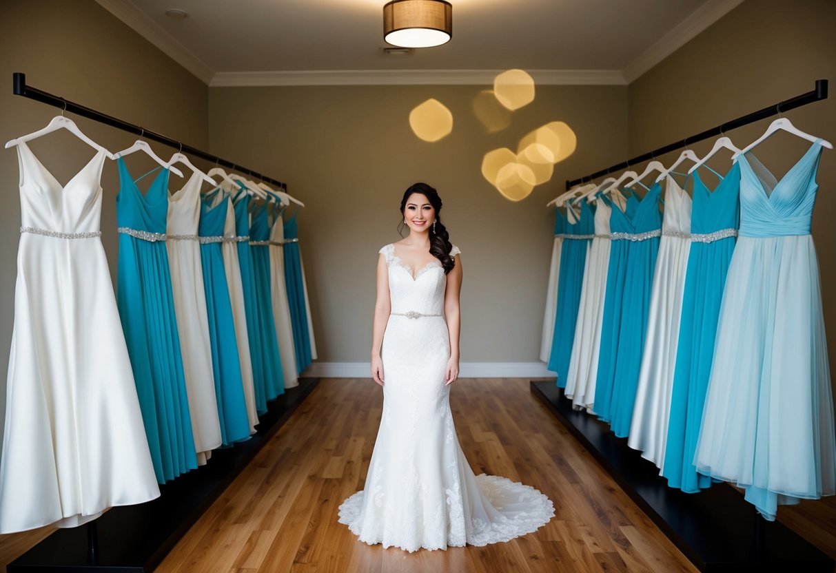 A single bride standing alone in a wedding dress, surrounded by empty bridesmaid dresses on display