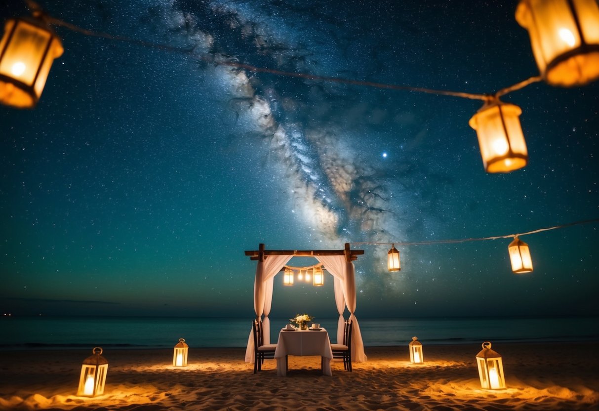 A starry night sky above a secluded beach, with a romantic dinner set up on the sand and lanterns casting a warm glow