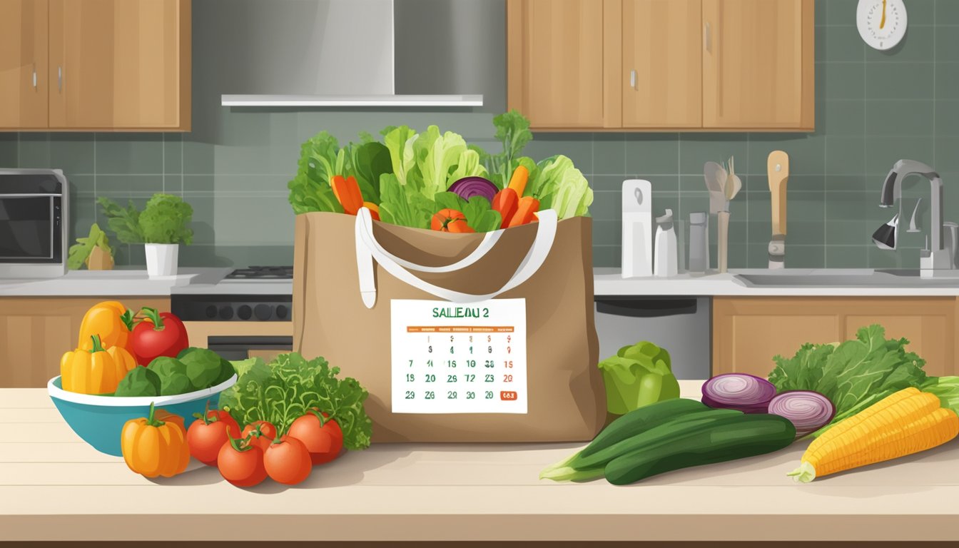 A bag of salad sits on a kitchen counter, surrounded by fresh vegetables and a calendar showing the current date