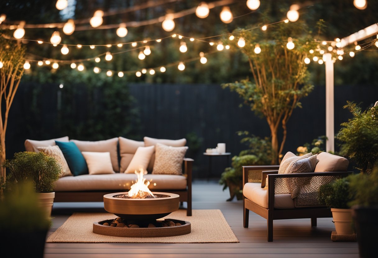 A cozy outdoor patio with string lights, comfortable seating, potted plants, and a fire pit