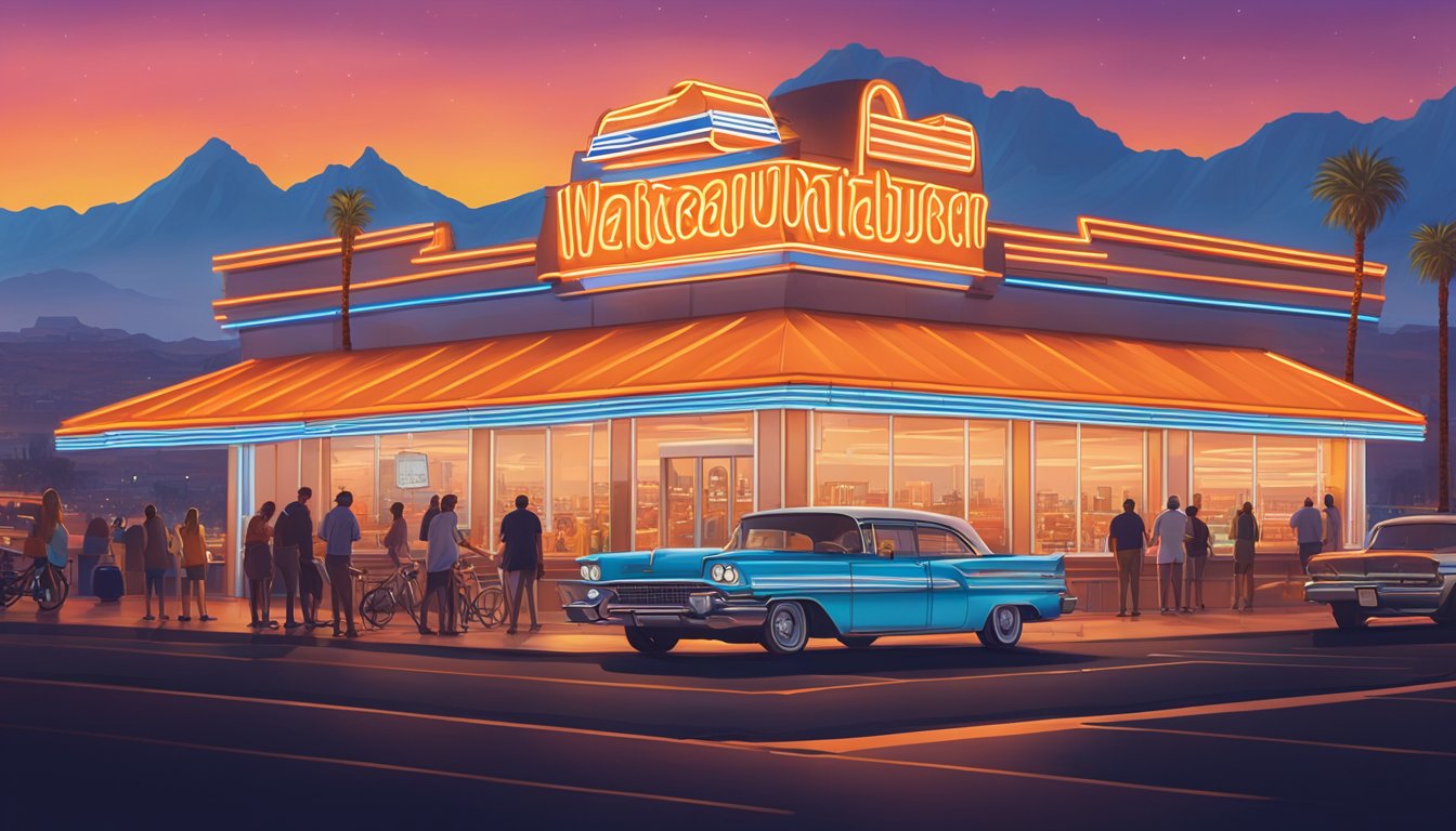 A neon-lit Whataburger sign stands against the backdrop of the Las Vegas skyline, with tourists and locals bustling in and out of the iconic fast-food joint