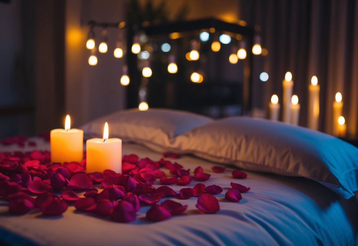 A dimly lit room with rose petals scattered on a bed, candles flickering, and soft music playing in the background
