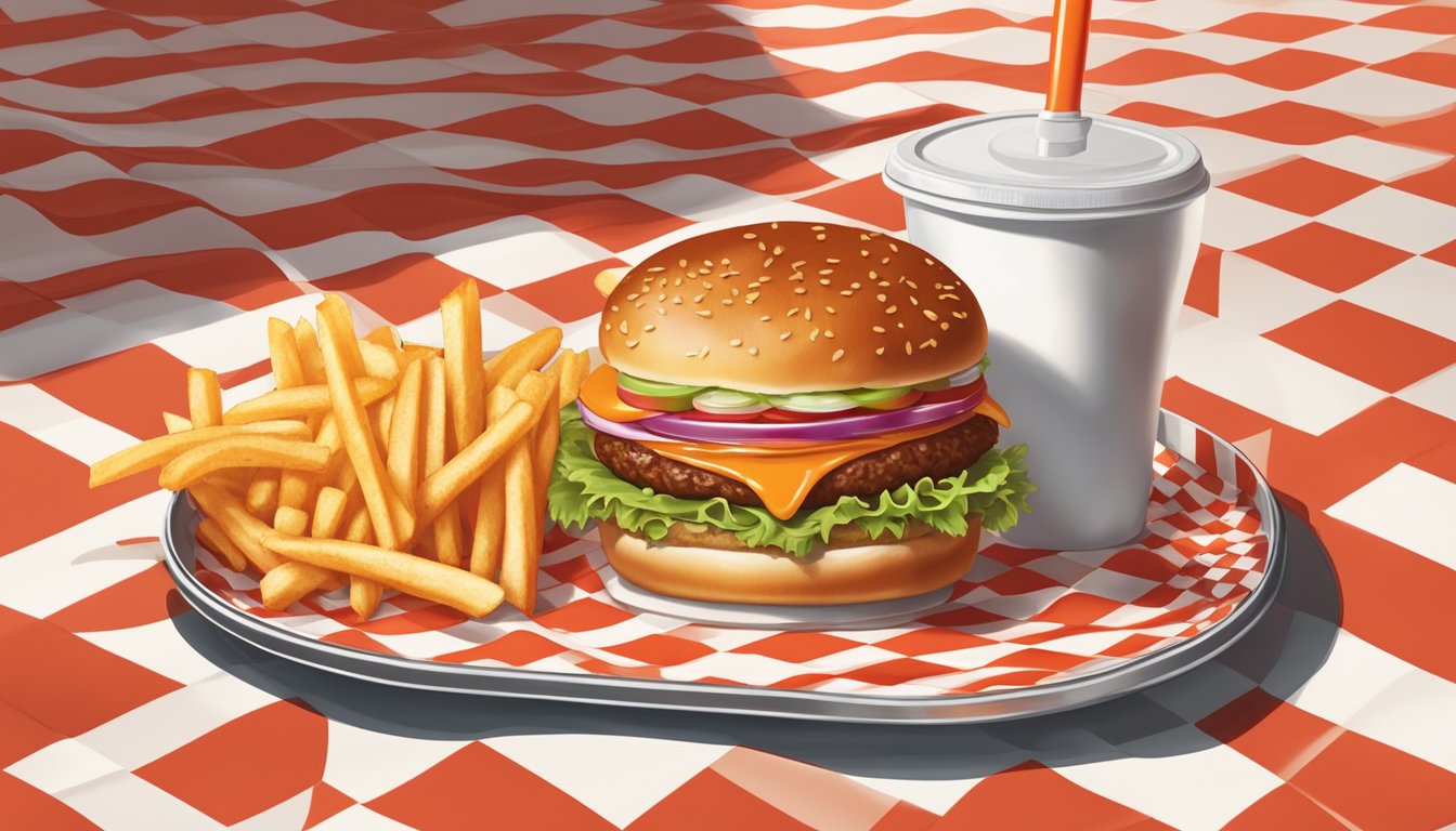 A small dish of Whataburger sauce surrounded by crispy fries and a juicy burger on a red and white checkered tray