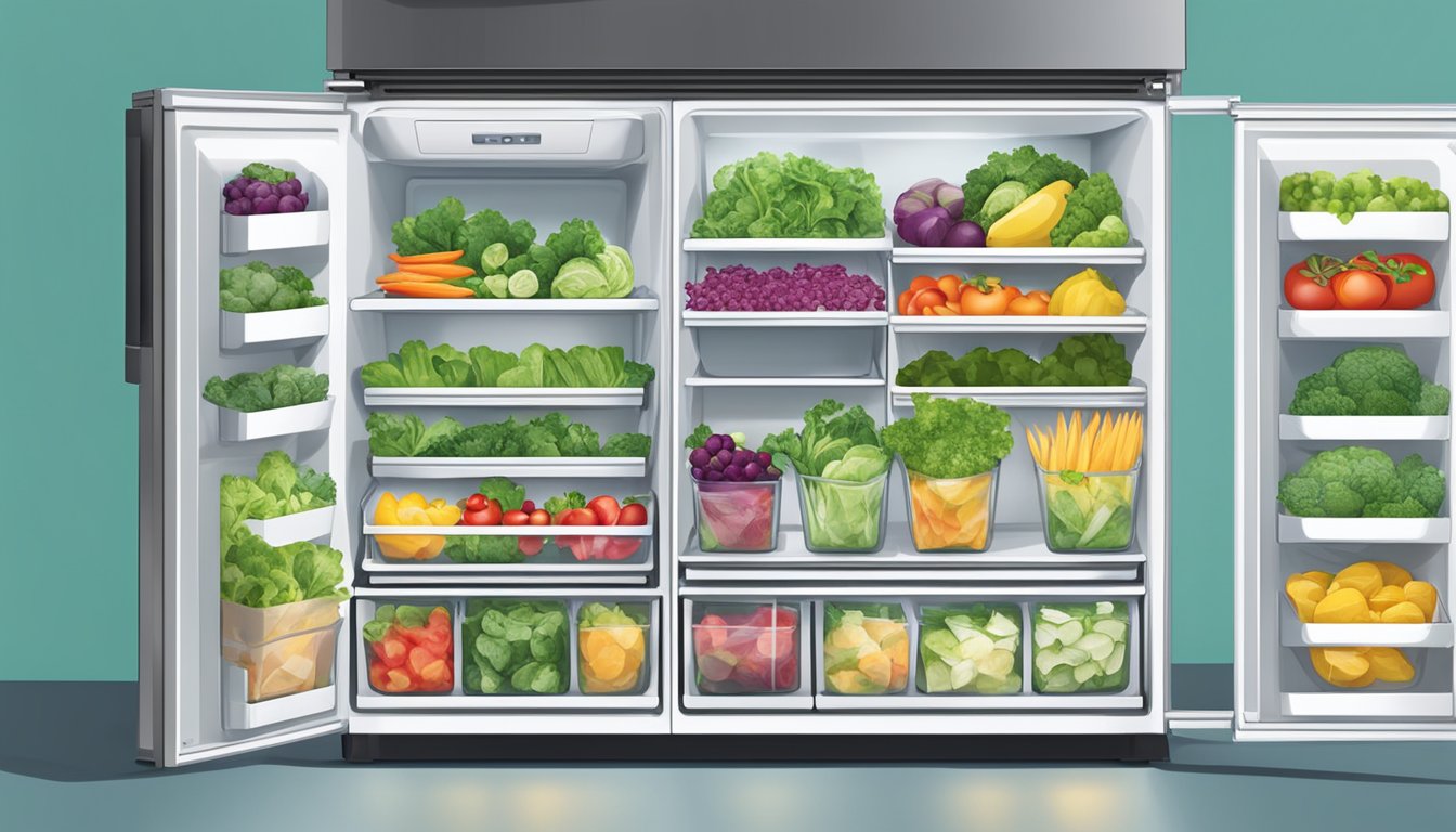 A refrigerator with a clear crisper drawer filled with various bagged salads, alongside other fresh produce