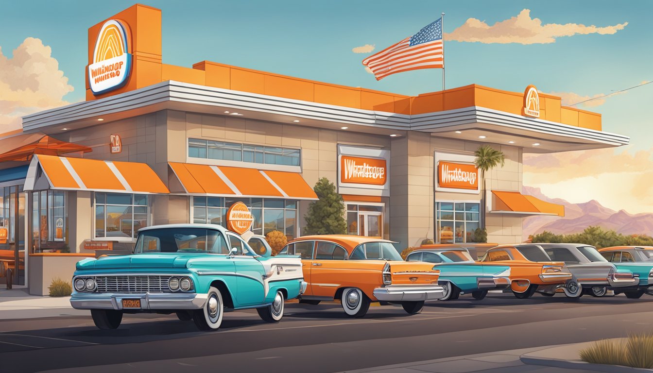 A bustling Whataburger restaurant in Las Vegas, with colorful signage and a drive-thru line of cars waiting to order