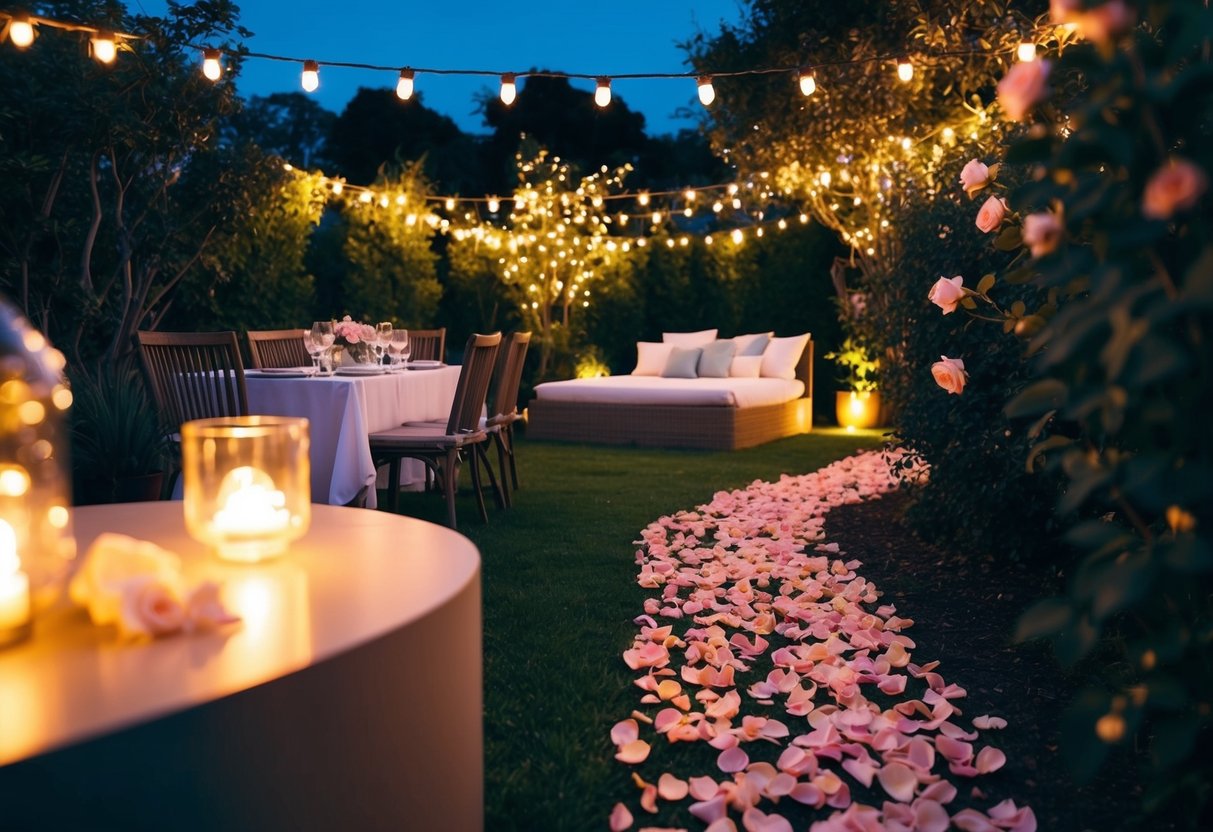 A starlit garden with twinkling lights, a romantic table setting, and a pathway of rose petals leading to a cozy outdoor bed