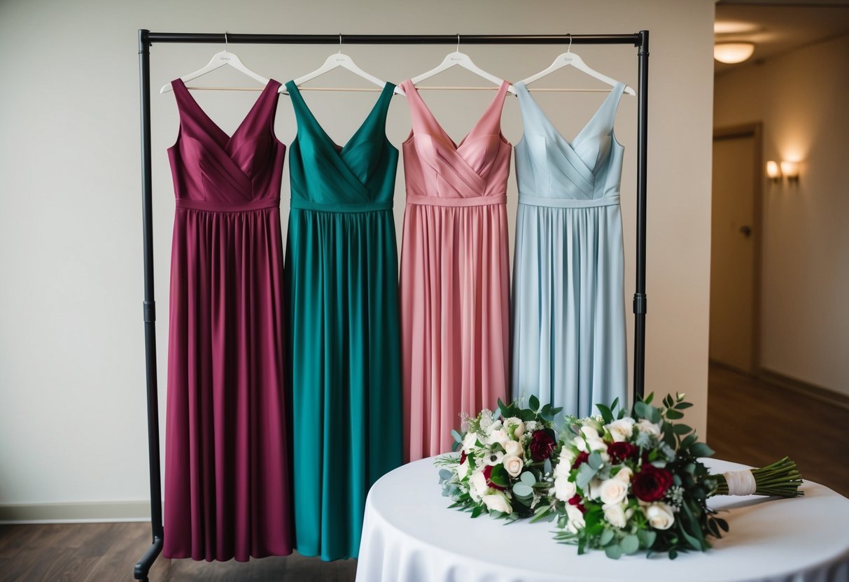 Three bridesmaid dresses hanging on a rack, each in a different color, with matching bouquets laid out on a table nearby