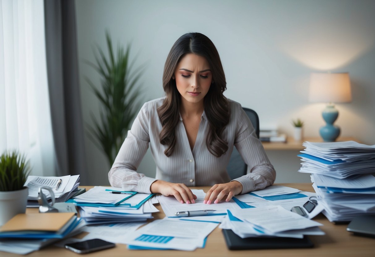 A woman sits at a cluttered desk, surrounded by bills and financial documents. She looks stressed as she tries to organize her finances