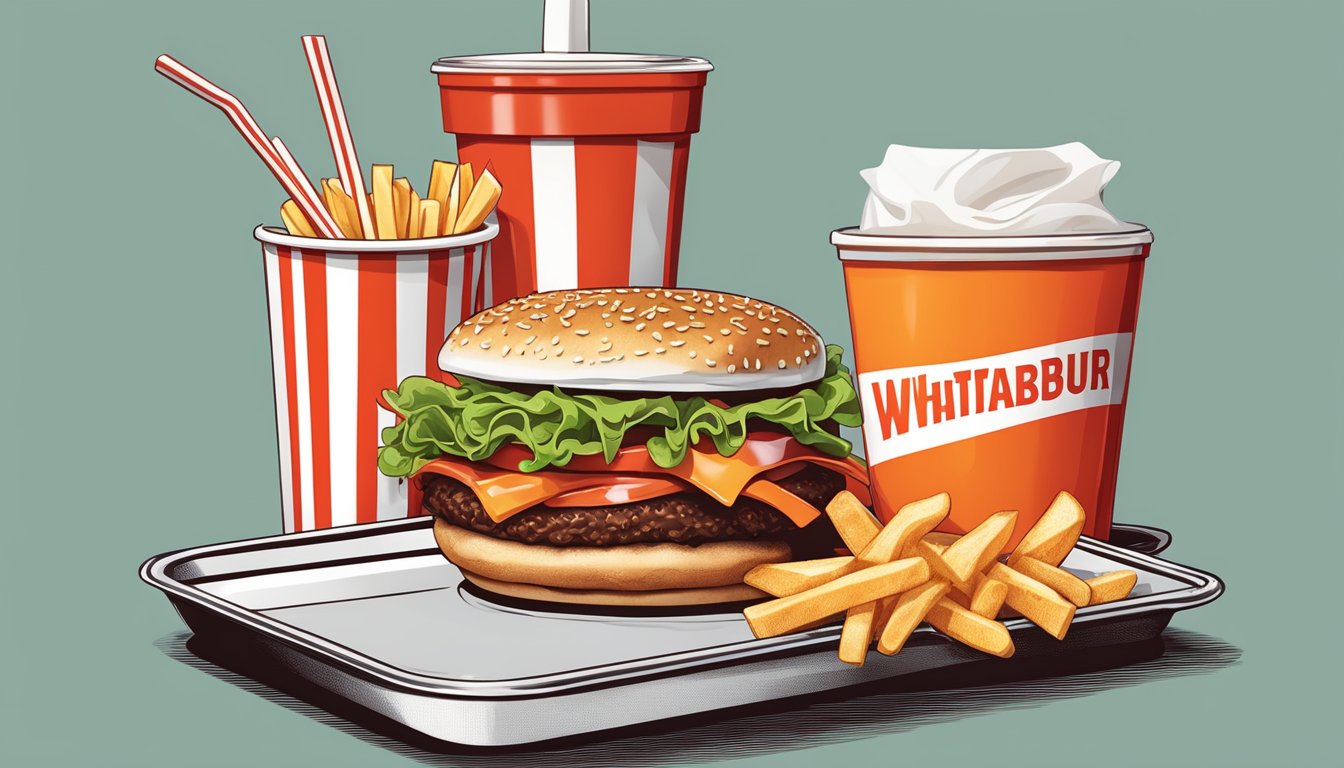 A classic red and white striped Whataburger sauce packet sits next to a juicy burger and crispy fries on a fast food tray