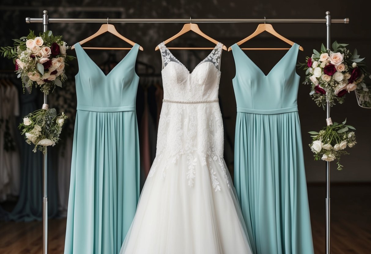 Three elegant bridesmaid dresses hanging on a rack, surrounded by bouquets and accessories