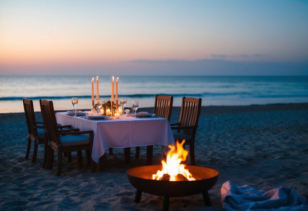A candlelit dinner on a private beach, with a cozy fire pit and a blanket for stargazing