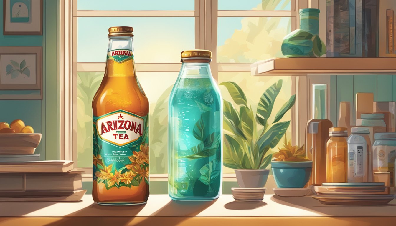 A glass bottle of Arizona Iced Tea sits on a shelf in a warm, sunlit room. A thermometer nearby reads a high temperature