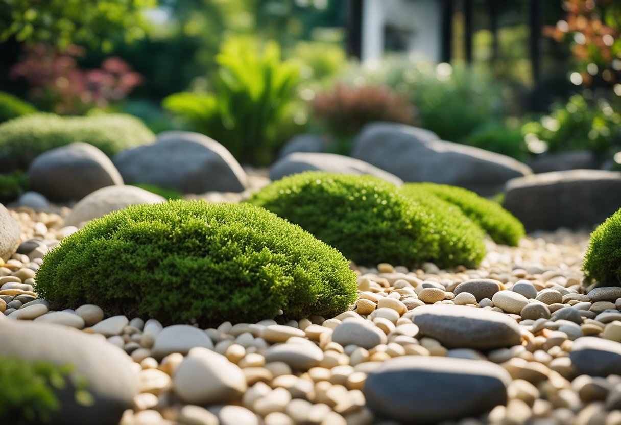 A serene Zen rock garden with carefully raked gravel, surrounded by lush greenery and a tranquil outdoor patio