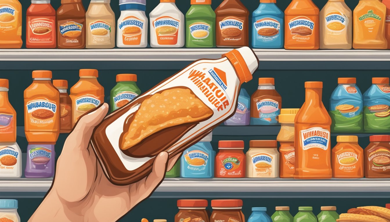 A hand reaching for a bottle of Whataburger sauce on a grocery store shelf, surrounded by other condiments and food products