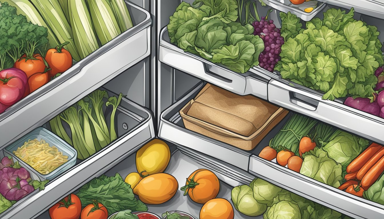 A bag of salad wilting in a refrigerator, surrounded by other produce and condiments