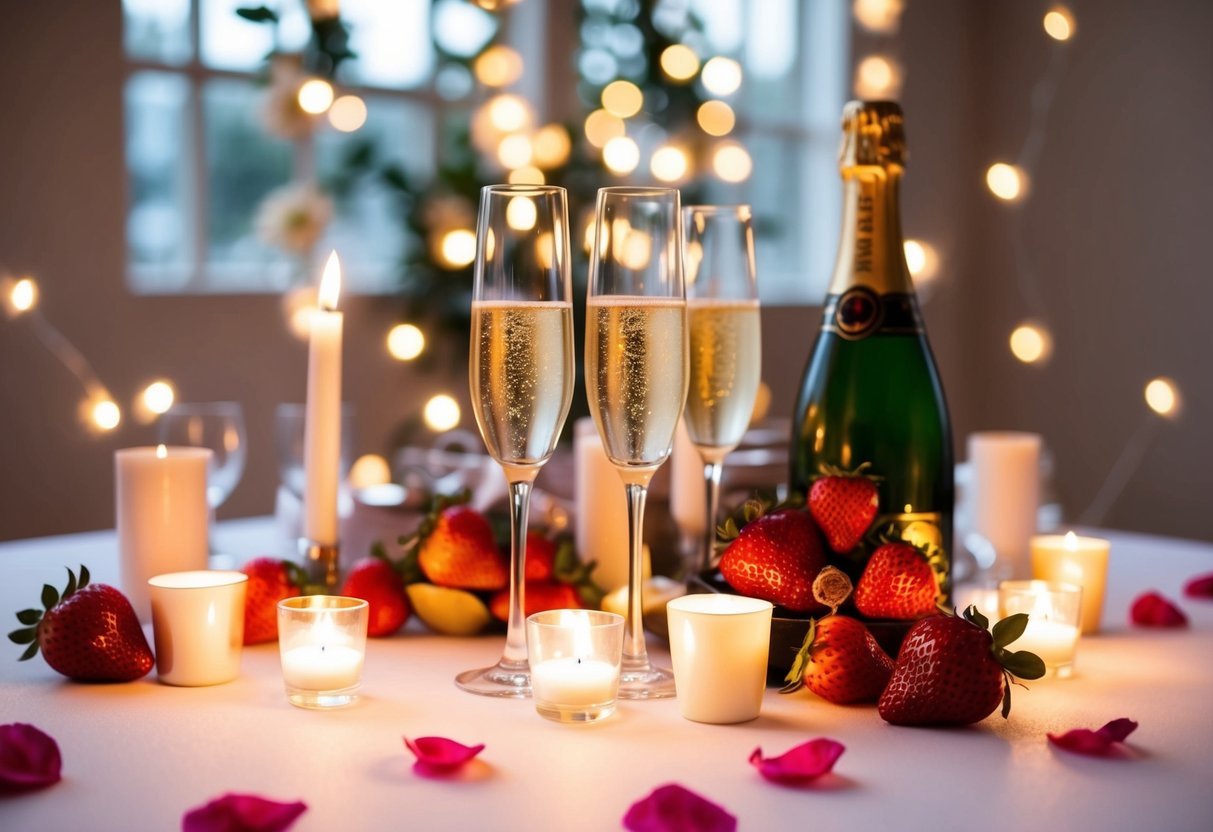 A table adorned with champagne, strawberries, and candles, surrounded by rose petals and soft lighting