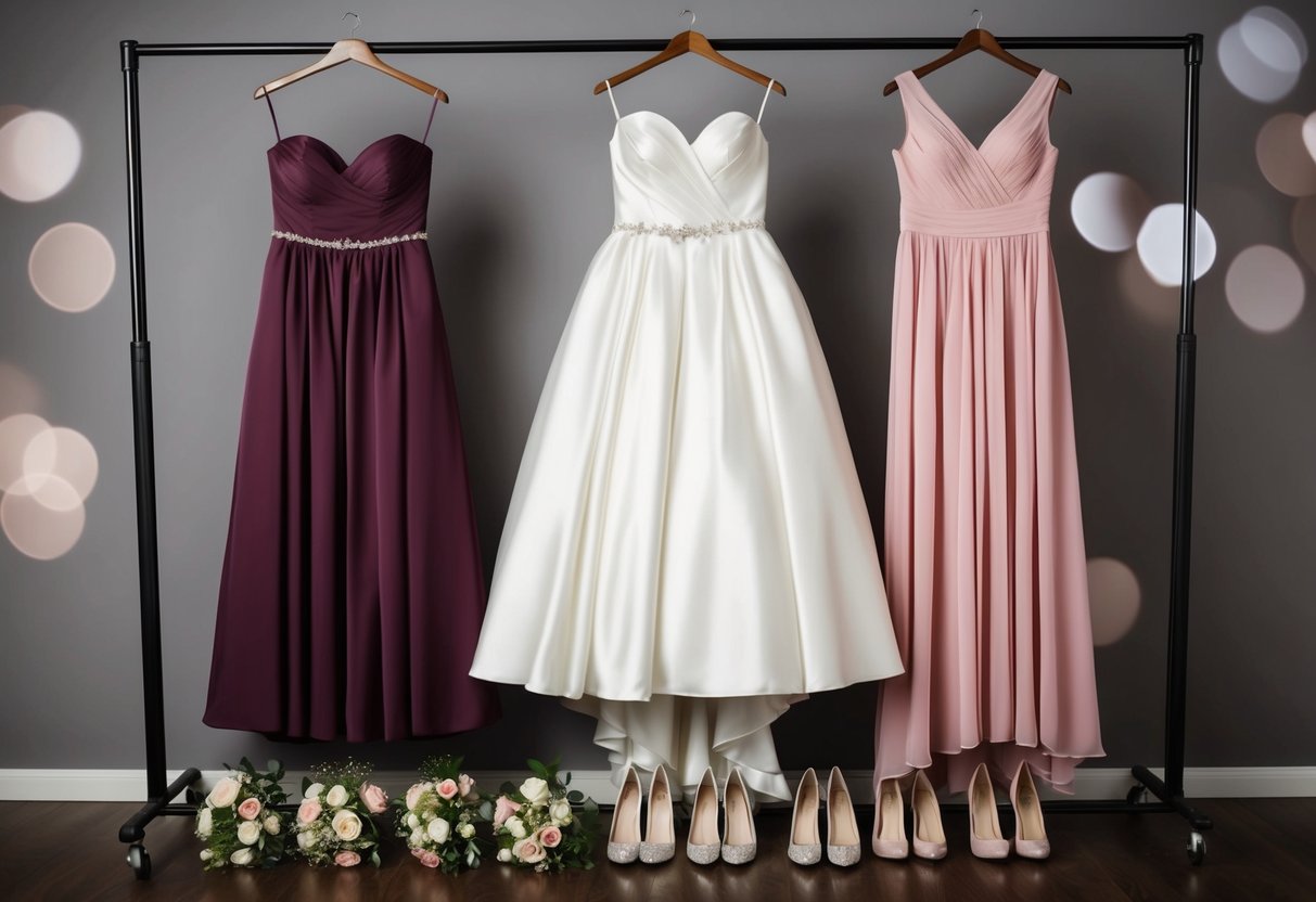 Three bridesmaid dresses hanging on a rack, each in a different style and color. Bouquets and shoes are arranged neatly underneath