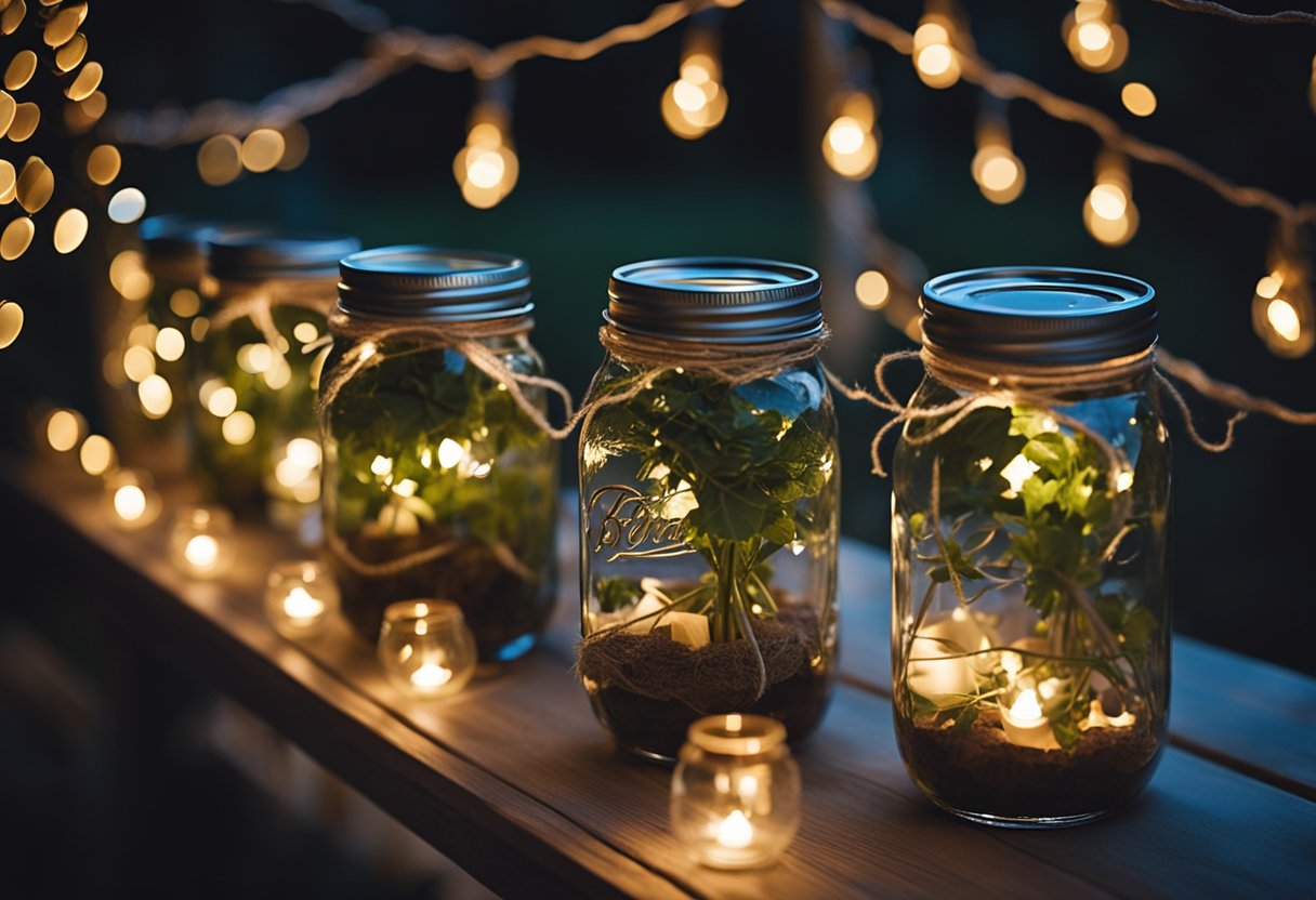 A backyard patio adorned with mason jars filled with string lights, creating a warm and inviting atmosphere for outdoor gatherings