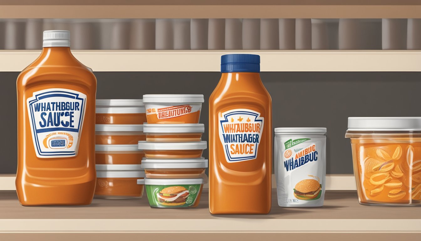 A bottle of Whataburger sauce sits on a shelf in a pantry, surrounded by other condiments and food items. The label is prominently displayed, and the sauce is sealed and unopened