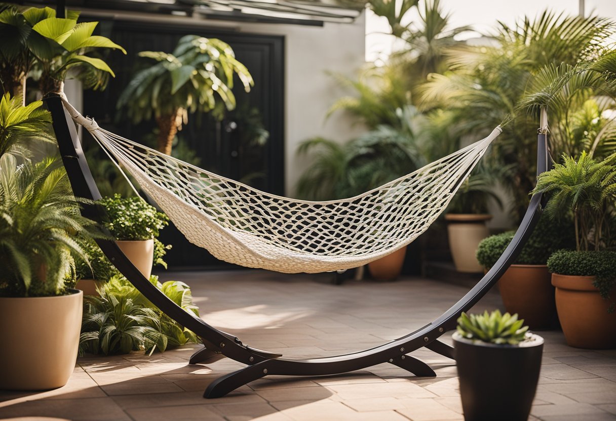 A portable hammock stand set up in a lush outdoor patio surrounded by potted plants and comfortable seating options