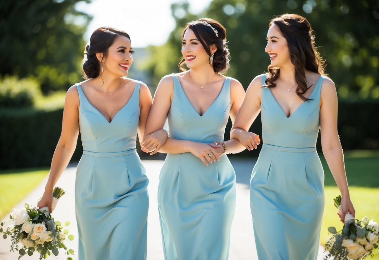 Three women walking arm in arm, smiling and chatting. They are dressed in matching outfits, indicating their role as bridesmaids