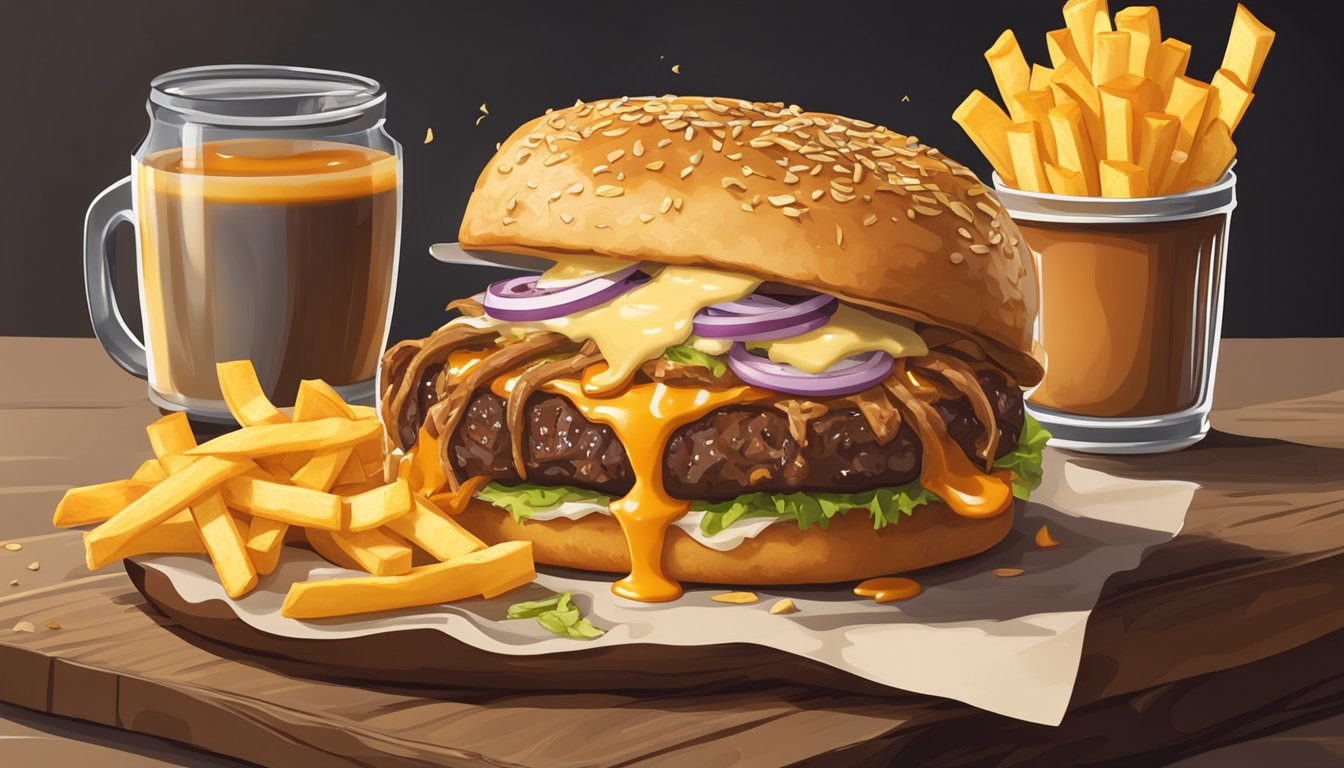 A sizzling patty melt sits on a toasted bun, topped with melted cheese, grilled onions, and savory sauce, surrounded by a pile of golden, crispy fries