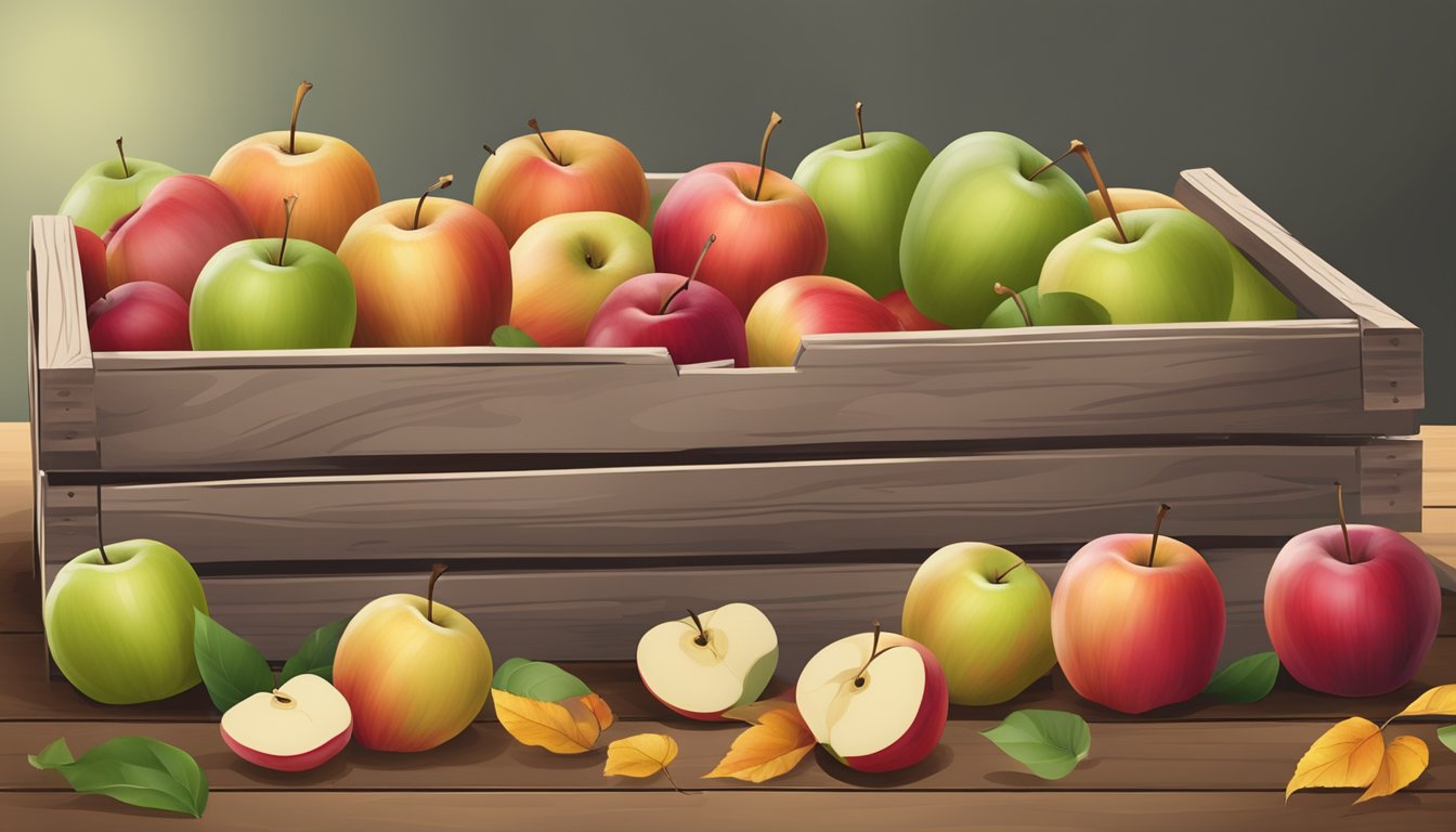 A variety of apples arranged in a wooden crate, some whole and some sliced, with a few fallen leaves scattered around