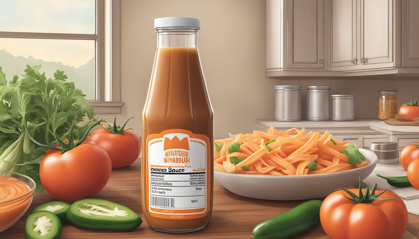 A bottle of Whataburger sauce surrounded by fresh ingredients like tomatoes, onions, and jalapeños, with a nutrition label in the background