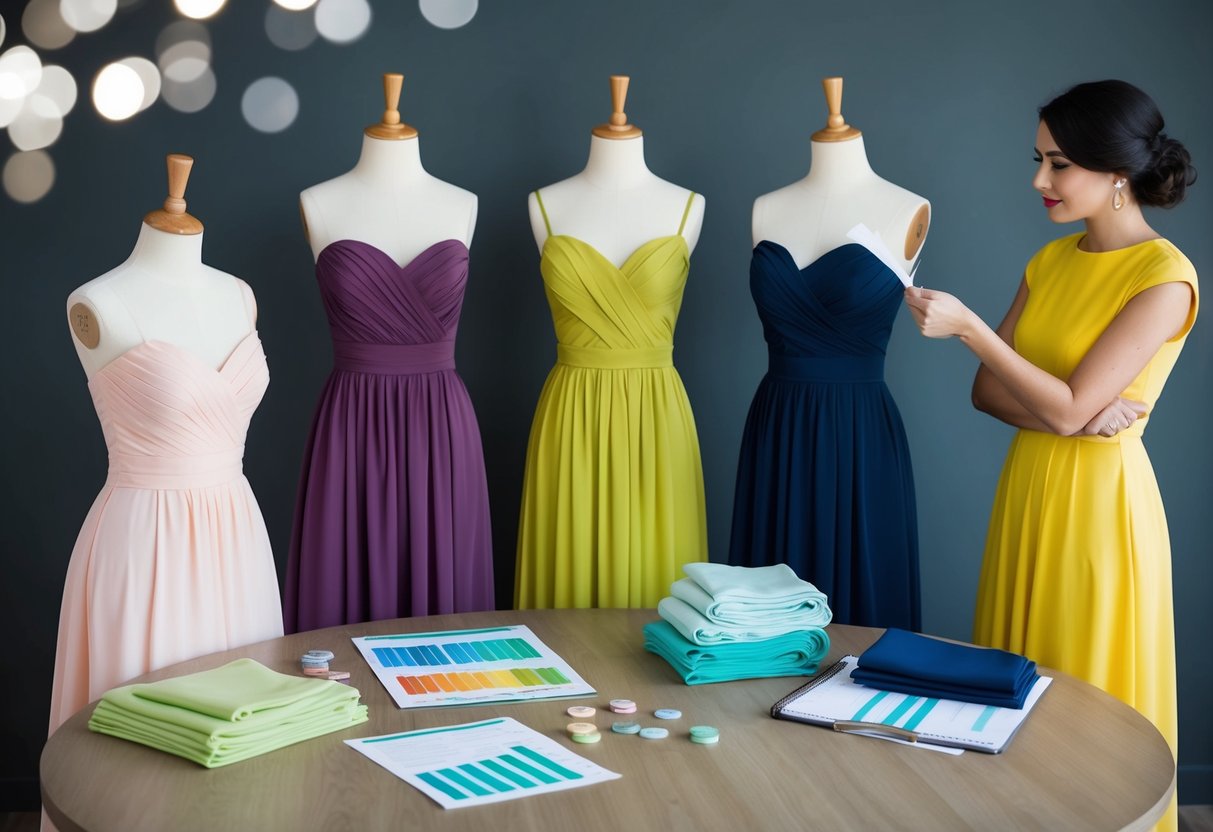 Three mannequins in different bridesmaid dresses, surrounded by budget spreadsheets and fabric swatches. A woman ponders the options