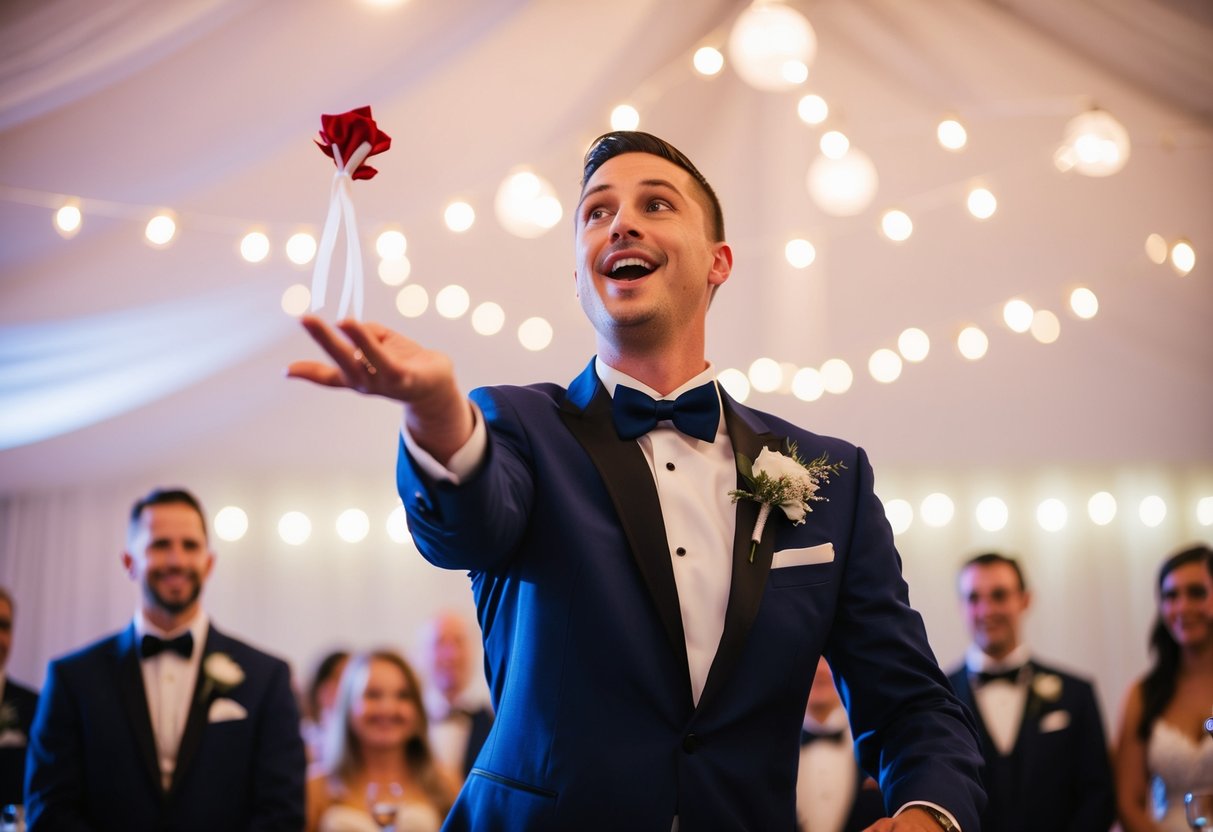 A groom throwing a garter at a wedding reception