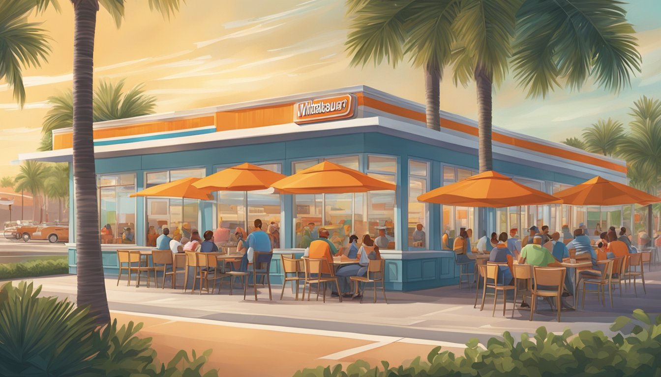 A bustling Whataburger restaurant in Florida, with palm trees swaying in the background and customers enjoying their meals at outdoor tables