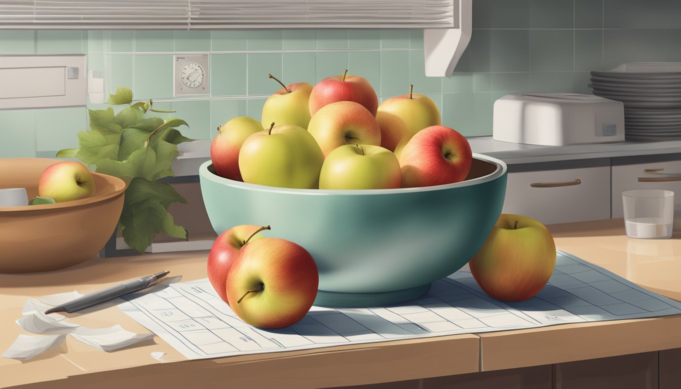 A bowl of apples with varying levels of ripeness, some with blemishes, sitting on a kitchen counter next to a calendar