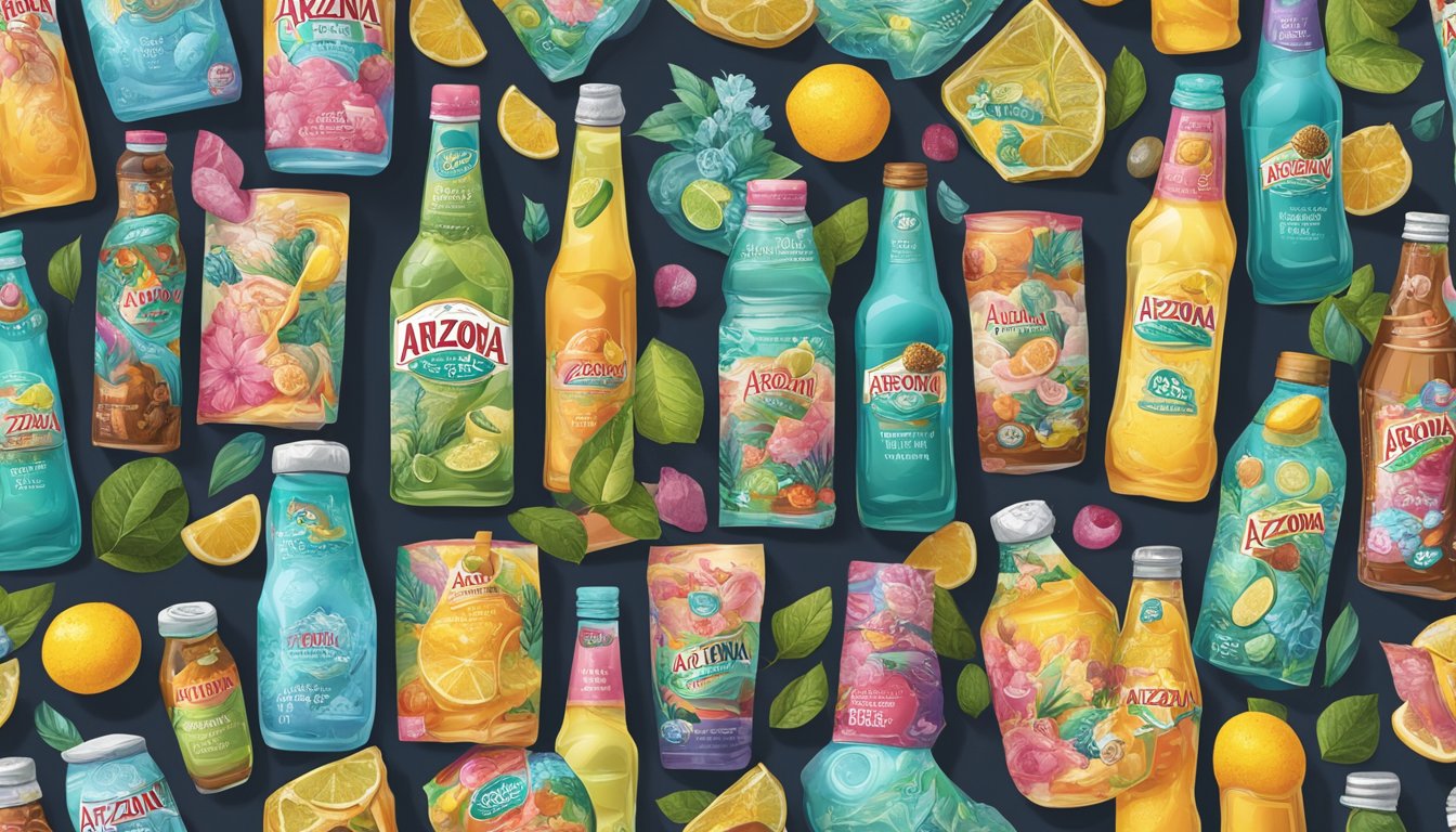 A bottle of Arizona Iced Tea sits on a shelf, surrounded by various ingredients and preservatives