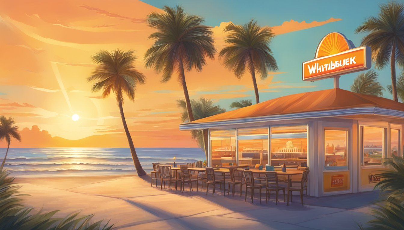 A sunny beach scene with palm trees, a vibrant sunset, and a Whataburger sign in the background, capturing Florida's embrace of the popular fast-food chain